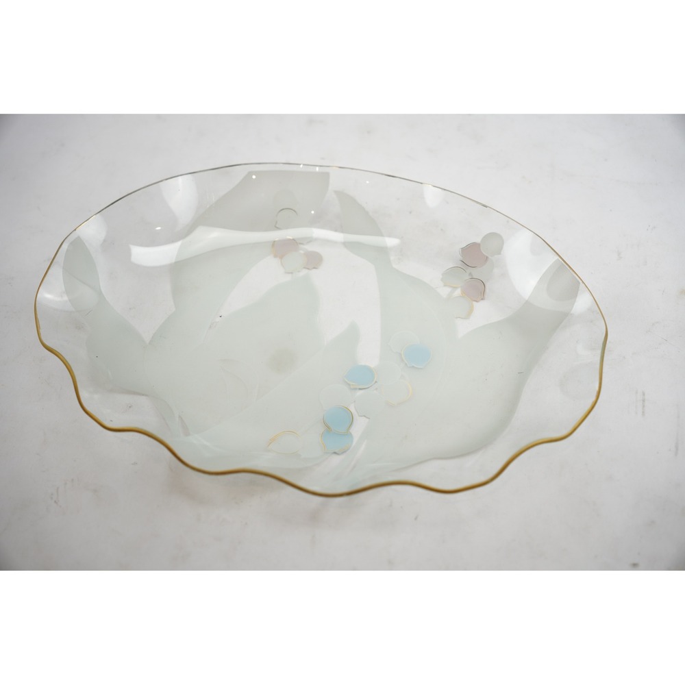 Vintage Frosted Glass Floral Serving Platter‎ Gold Trim Scalloped Edge - Picture 3 of 7